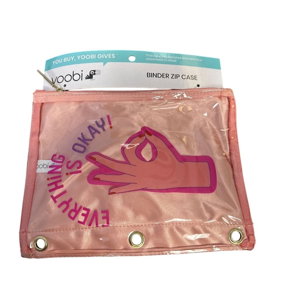 Yoobi "Everything Is Okay!" Pink Binder Zip Case With Grommets & Zipper For Scho - Picture 2 of 3
